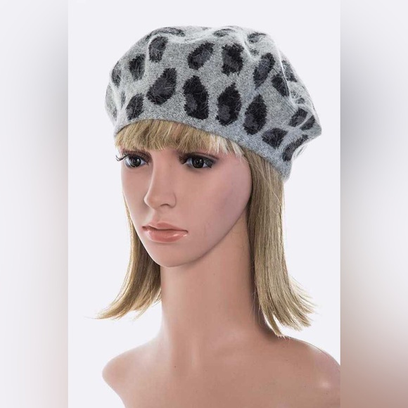 Accessories - Leopard Print Angora French Beret Hat